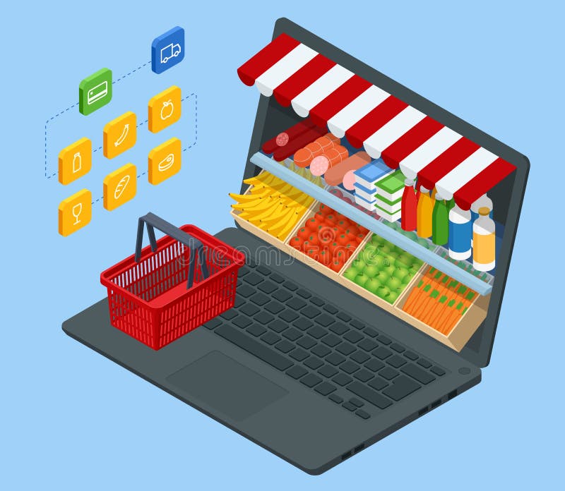 Isometric Grocery Supermarket, Food and Eats Online Buying and Delivery. E- commerce Concept Order Food Online Website Stock Vector - Illustration of  conceptual, graphics: 205152898