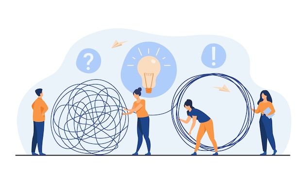 Team of crisis managers solving businessman problems. employees with lightbulb unraveling tangle. vector illustration for teamwork, solution, management concept